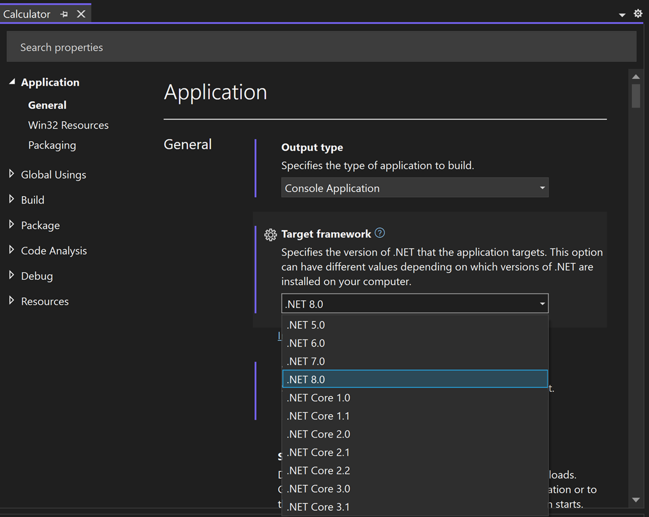 Screenshot of the General tab in the Project Properties dialog box, with the 'Target framework' selections showing.