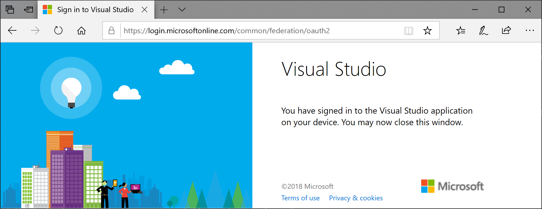 Proceso de inicio de sesión de Visual Studio a través de un explorador completado