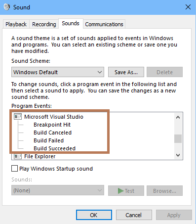 Pestaña Sonidos del cuadro de diálogo Sonido en Windows 10
