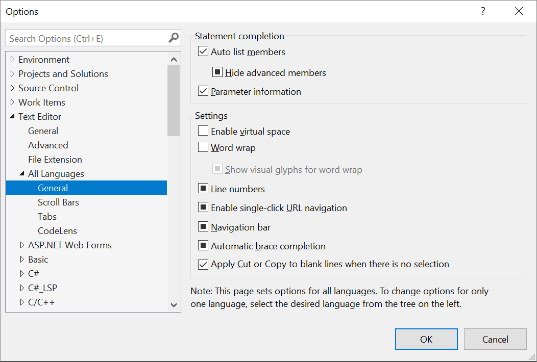 Screenshot of the Options dialog box that shows the General settings for all programming languages in the text editor.