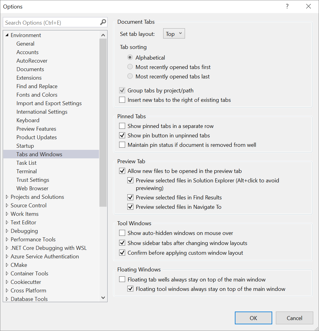 Screenshot of the Tabs and Windows options dialog in Visual Studio 2019.