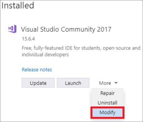 Captura de pantalla en la que se muestra el botón Modificar en el Instalador de Visual Studio, que se encuentra en el menú desplegable Más cuando hay una actualización pendiente.