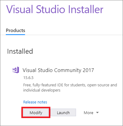 Captura de pantalla en la que se muestra el botón Modificar en el Instalador de Visual Studio.