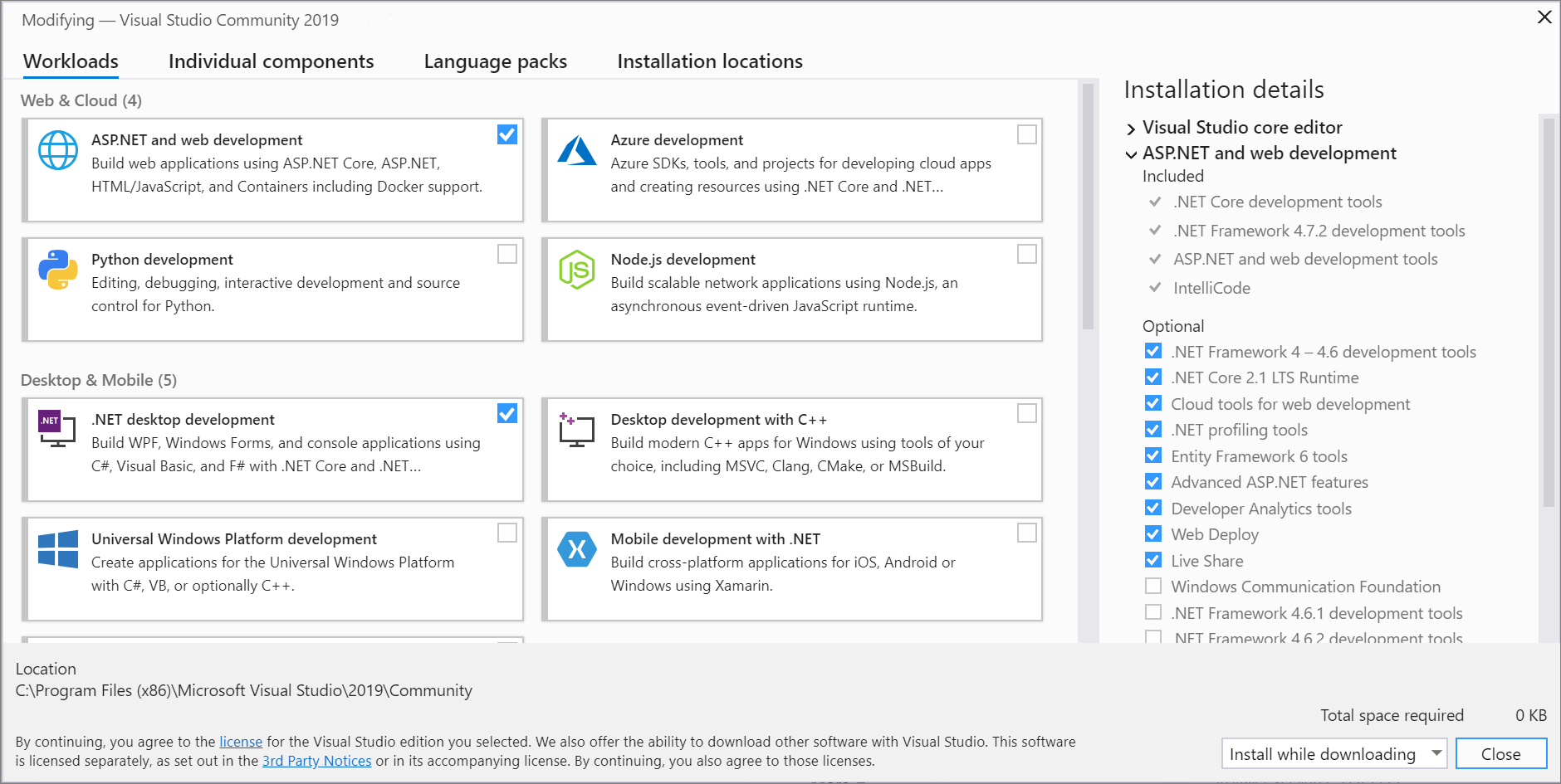 Captura de pantalla en la que se muestra la pestaña Cargas de trabajo del Instalador de Visual Studio.