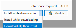 Captura de pantalla en la que se muestran las opciones de descarga e instalación en el Instalador de Visual Studio.