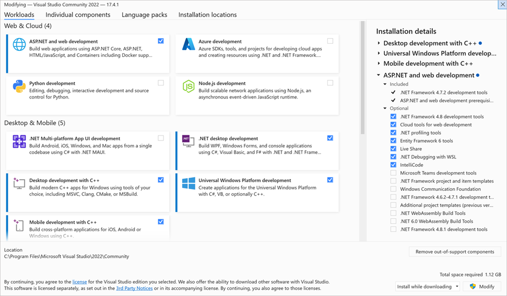 Captura de pantalla en la que se muestra la pestaña Cargas de trabajo del Instalador de Visual Studio.