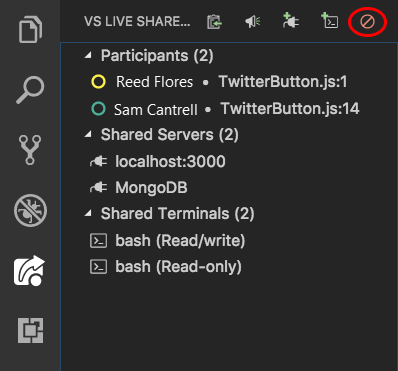 Captura de pantalla que muestra el botón Stop collaboration session (Detener sesión de colaboración).