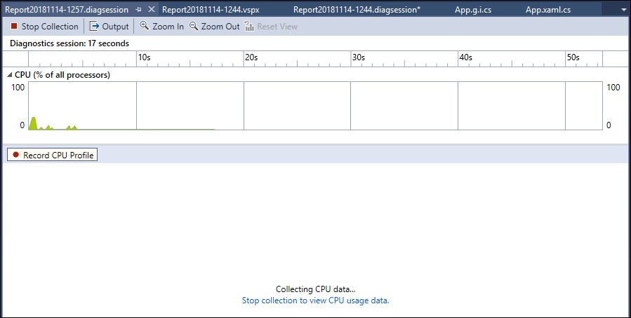 Captura de pantalla que muestra la Detención de la recopilación de datos de uso de CPU.