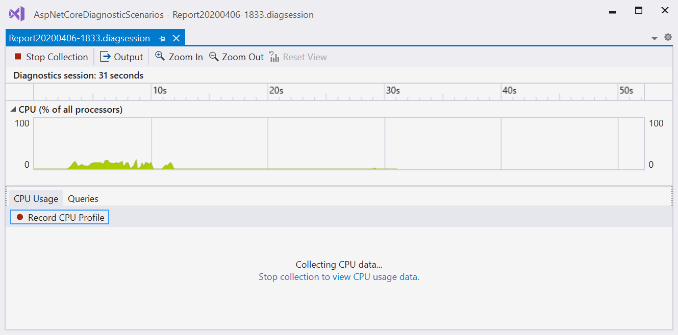 Captura de pantalla de la recopilación de datos en el Generador de perfiles de rendimiento.