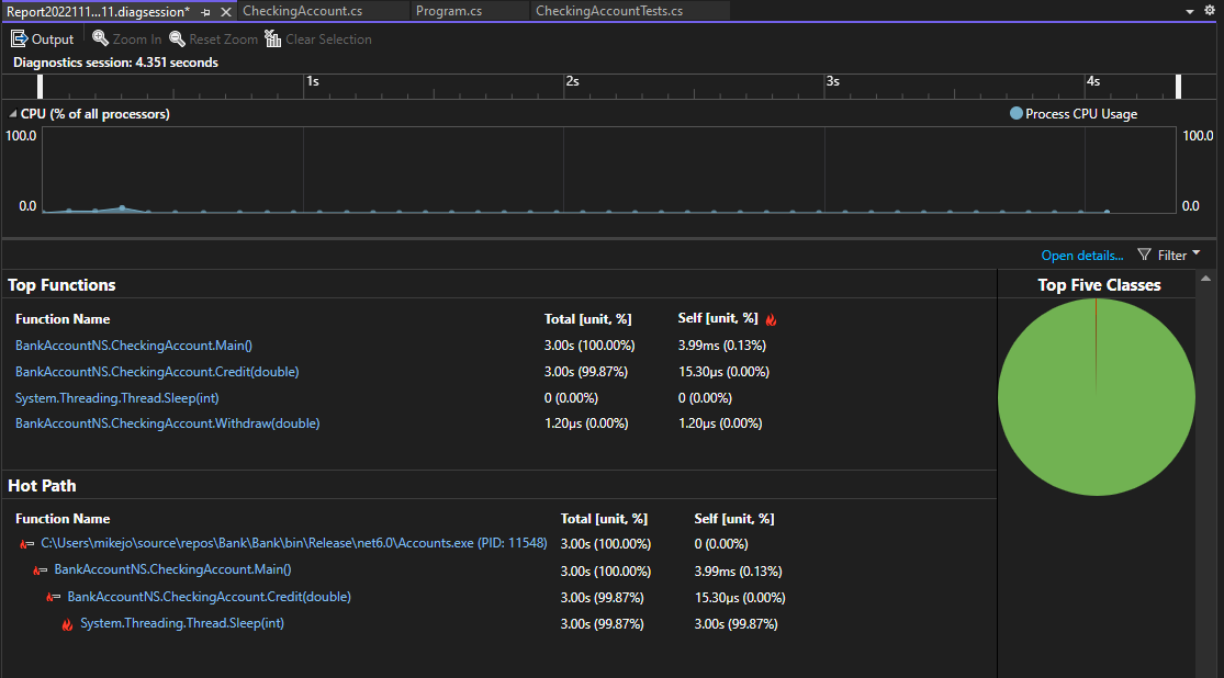 Captura de pantalla que muestra los datos de instrumentación de .NET.