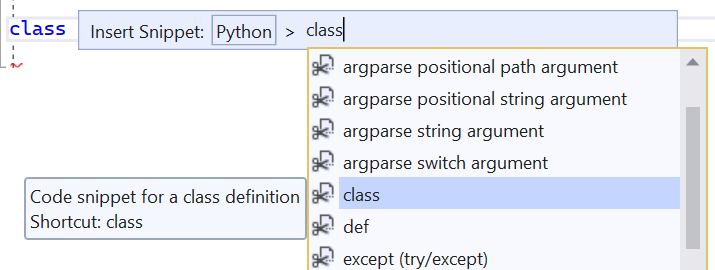 Captura de pantalla que muestra un fragmento de código para el acceso directo de clase.