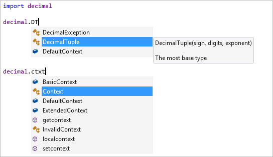 Captura de pantalla que muestra la finalización de miembros con filtrado en el editor de Visual Studio.