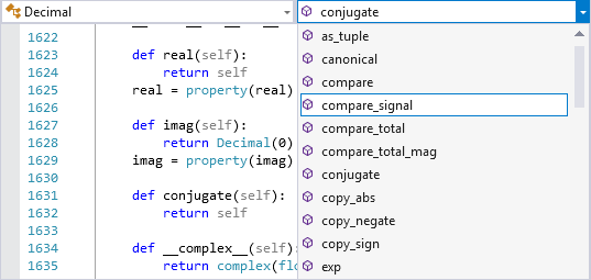 Captura de pantalla que muestra la barra de navegación en el editor de Visual Studio.
