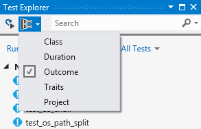 Tests Explorer Group By toolbar menu