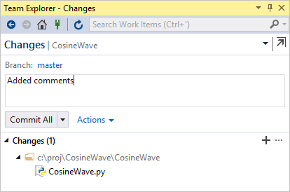 Team Explorer in Visual Studio showing uncommitted changes
