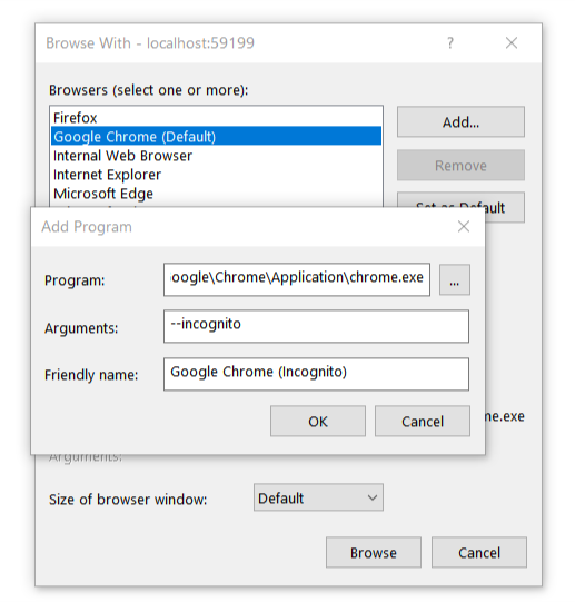 Adding Google Chrome with Custom arguments using 'Browse with'