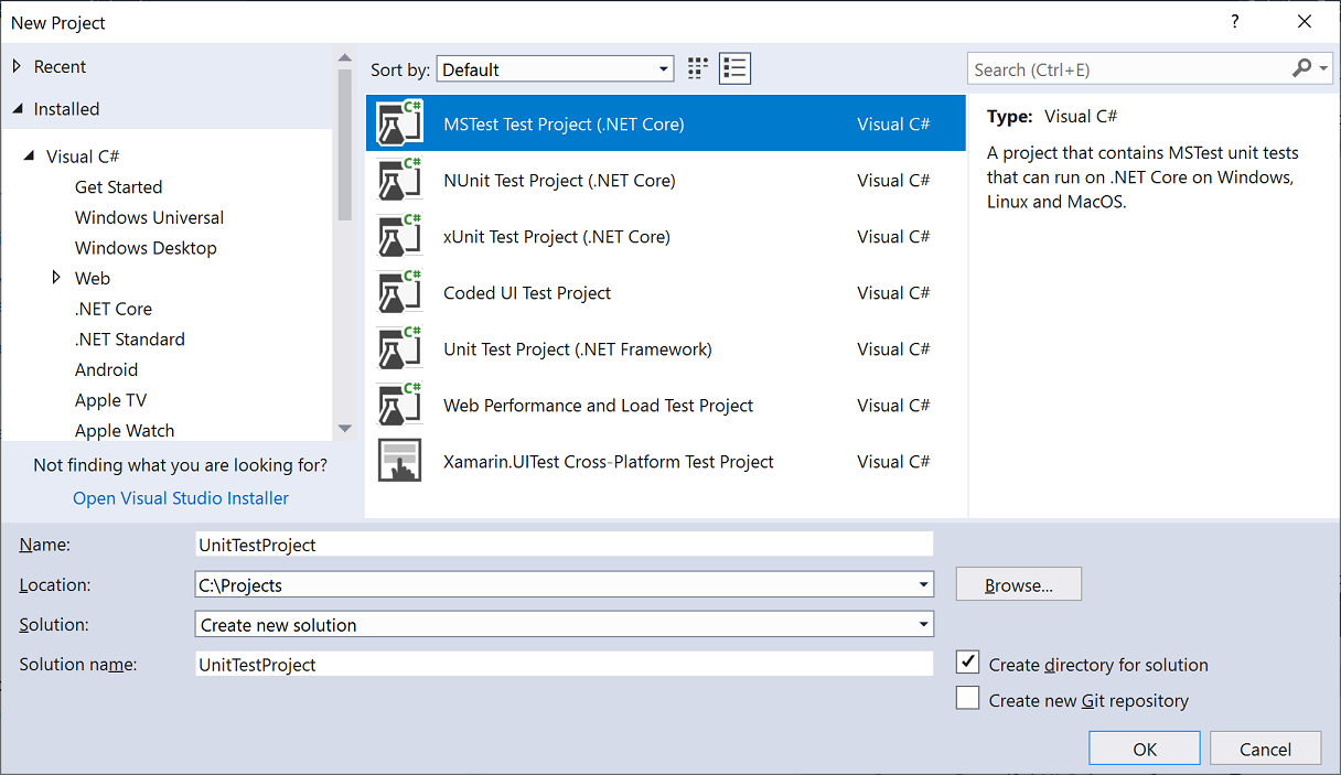 Test project templates in Visual Studio 2017