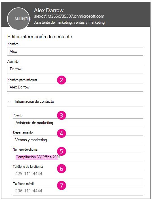 Captura de pantalla que muestra la edición de la información de contacto.