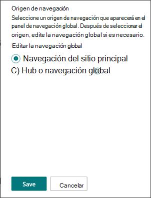 Recorte de pantalla de dónde seleccionar el origen de navegación global.