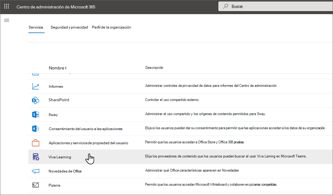 Página Configuración de la Centro de administración de Microsoft 365 en la que se muestra la aplicación de aprendizaje que aparece.