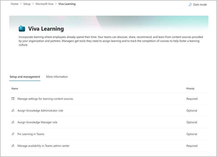 Administración de Microsoft 365 página que muestra una lista de Viva Learning configuración