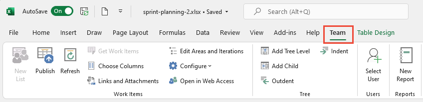 Captura de pantalla de la barra de herramientas del equipo de integración de TFS-Office de Excel.