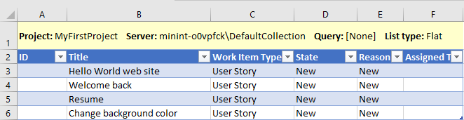 Captura de pantalla de la acción de agregar elementos de trabajo a Excel.