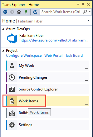 Captura de pantalla de la página principal de Team Explorer, elegir Elementos de trabajo.