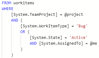 Captura de pantalla de una expresión lógica. Un operador OR vincula el Tipo de elemento de trabajo a los campos Estado y Asignado a, que están vinculados por un operador AND.