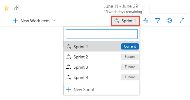 Captura de pantalla que muestra cómo escoger otro sprint.