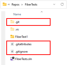 Captura de pantalla de la carpeta Git, el archivo de omisión de Git y el archivo de atributos de Git en el Explorador de archivos de Windows.