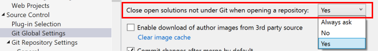 Captura de pantalla en la que se muestra el valor Cerrar las soluciones abiertas que no estén en Git al abrir un repositorio en el cuadro de diálogo Opciones de Visual Studio.
