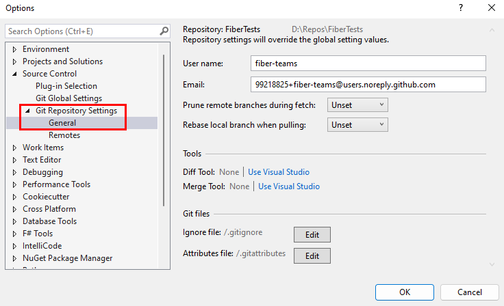Captura de pantalla de Configuración de repositorios de Git en el cuadro de diálogo Opciones de Visual Studio.
