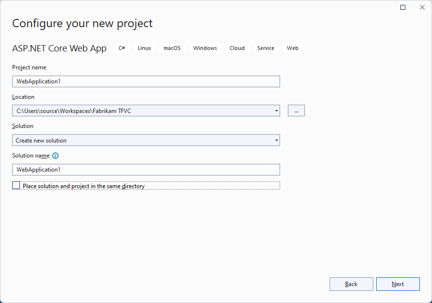 Captura de pantalla del cuadro de diálogo Configurar el nuevo proyecto.