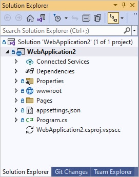 Captura de pantalla de un nuevo proyecto de código en el Explorador de soluciones