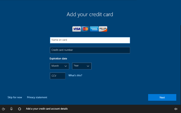 Pantalla Agregar información de tarjeta de crédito en OOBE