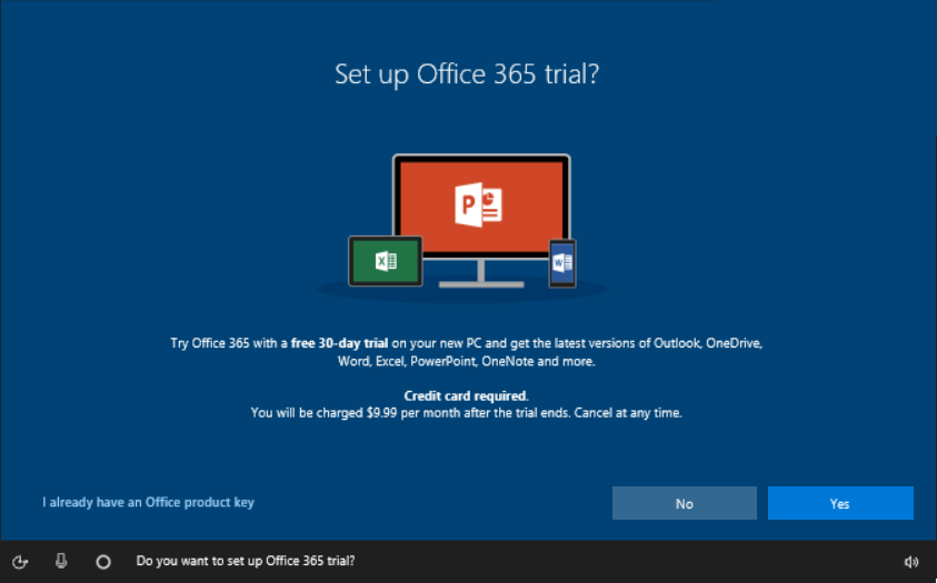 Configuración de Office 365: pantalla de prueba en OOBE