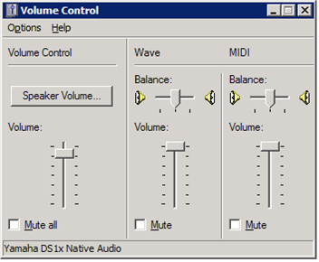 Captura de pantalla del cuadro de diálogo control de volumen SndVol32 que muestra controles para dispositivos multicanal.