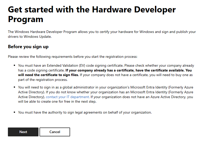 Captura de pantalla de la primera página del proceso de registro del Programa de desarrolladores de hardware. El botón 