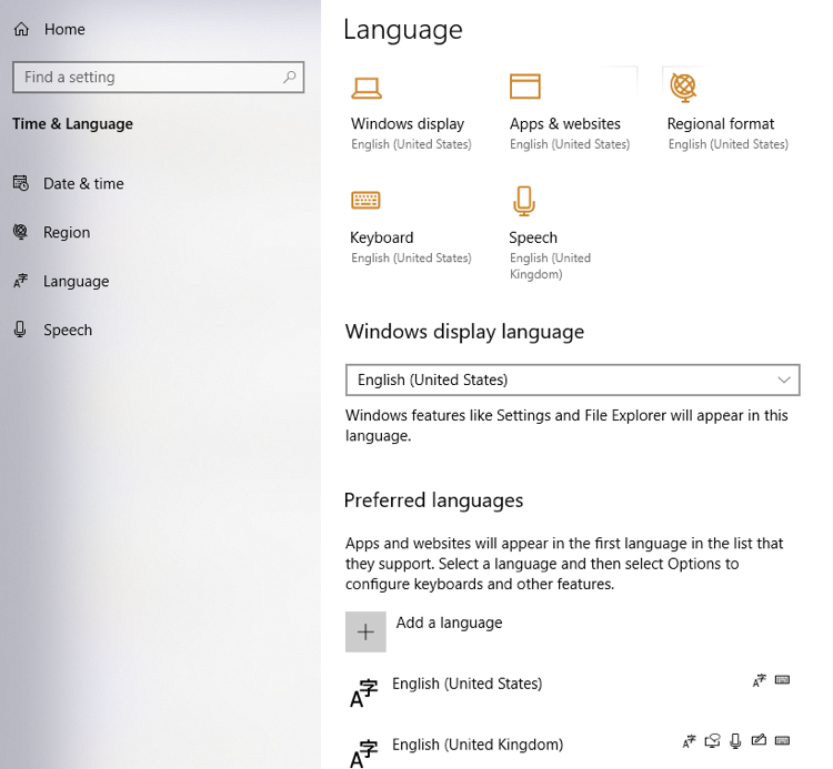 La nueva sección de información general te permite saber rápidamente qué idiomas se seleccionan de forma predeterminada para su presentación de Windows.