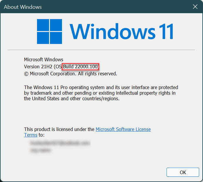 El módulo Acerca de Windows que aparece al ejecutar el comando winver, resaltando la compilación 22000.100 en la que se encuentra el dispositivo.