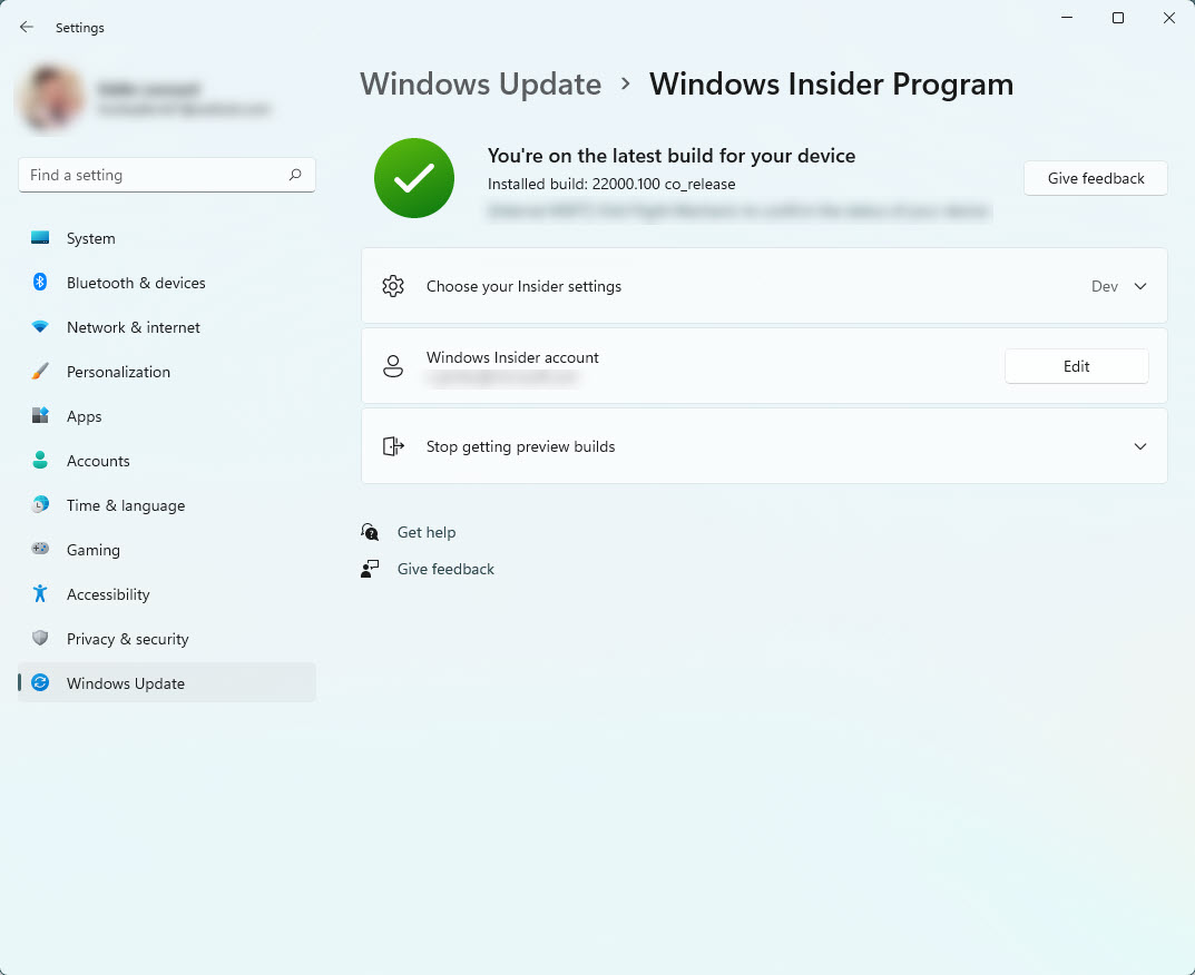 La sección del Programa Windows Insider en Configuración que muestra el canal y la cuenta de Insider asociada al dispositivo.