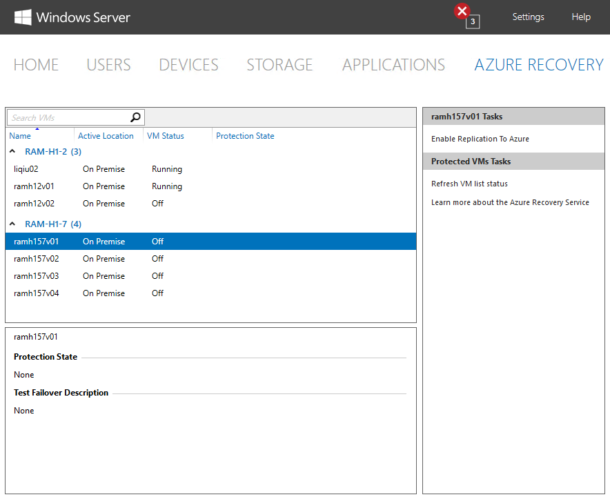 A screenshot showing the Azure Recovery page of the Windows Server Essentials dashboard. Two Hyper-V hosts are displayed along with the virtual machines running on these hosts. A virtual machine named ramh157v01 on host RAM-H1-7 is selected, and replication to Azure is currently disabled for this virtual machine.