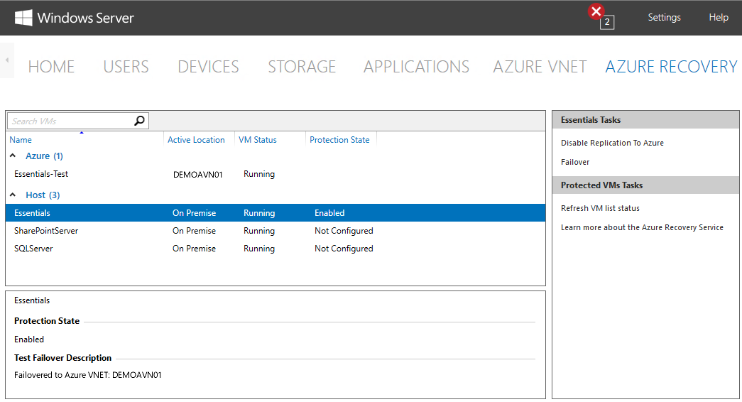 A screenshot showing the Azure Recovery page of the Windows Server Essentials dashboard. Replication to Azure has been enabled for a host named Essentials, and a virtual machine named Essentials-Test running in Azure indicates that the host has failed over to Azure.
