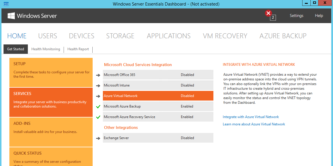 A screenshot showing the Get Started tab on the Home page of the Windows Server Essentials dashboard. On the Get Started tab, the Services section has been selected, and the dashboard indicates under Microsoft Cloud Services Integration that Azure Virtual network is currently disabled.