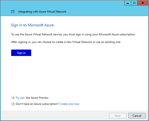 A screenshot showing the Sign In To Microsoft Azure page of the Integrating With Azure Virtual network wizard.