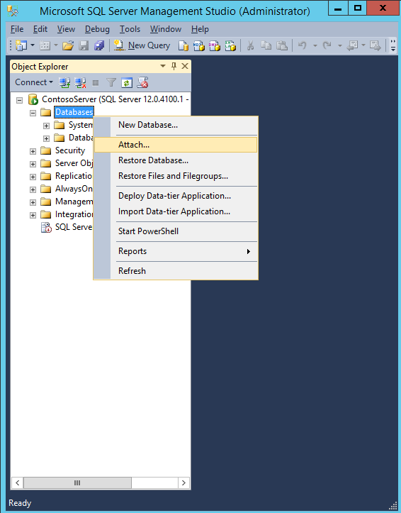 Screenshot of SQL Server Management Studio showing the Databases > Attach option selected.