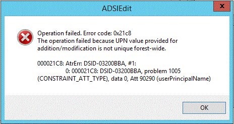 Screenshot that shows that the operation failed with error code 0x21c8.