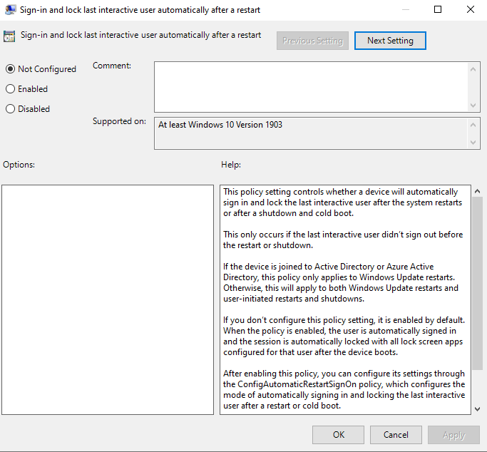 Screenshot of the Sign-in and lock last interactive user automatically after a restart dialog box.