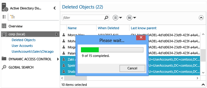 Screenshot that shows the delete objects in the Active Directory Administrative Center Recycle Bin.